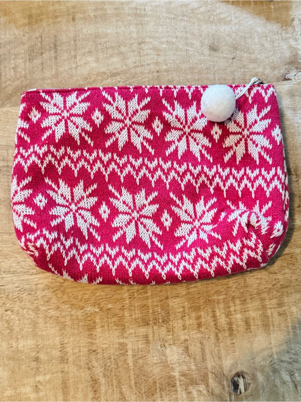 Pink/White Knit Sweater Zip Pouch with Pom Pom